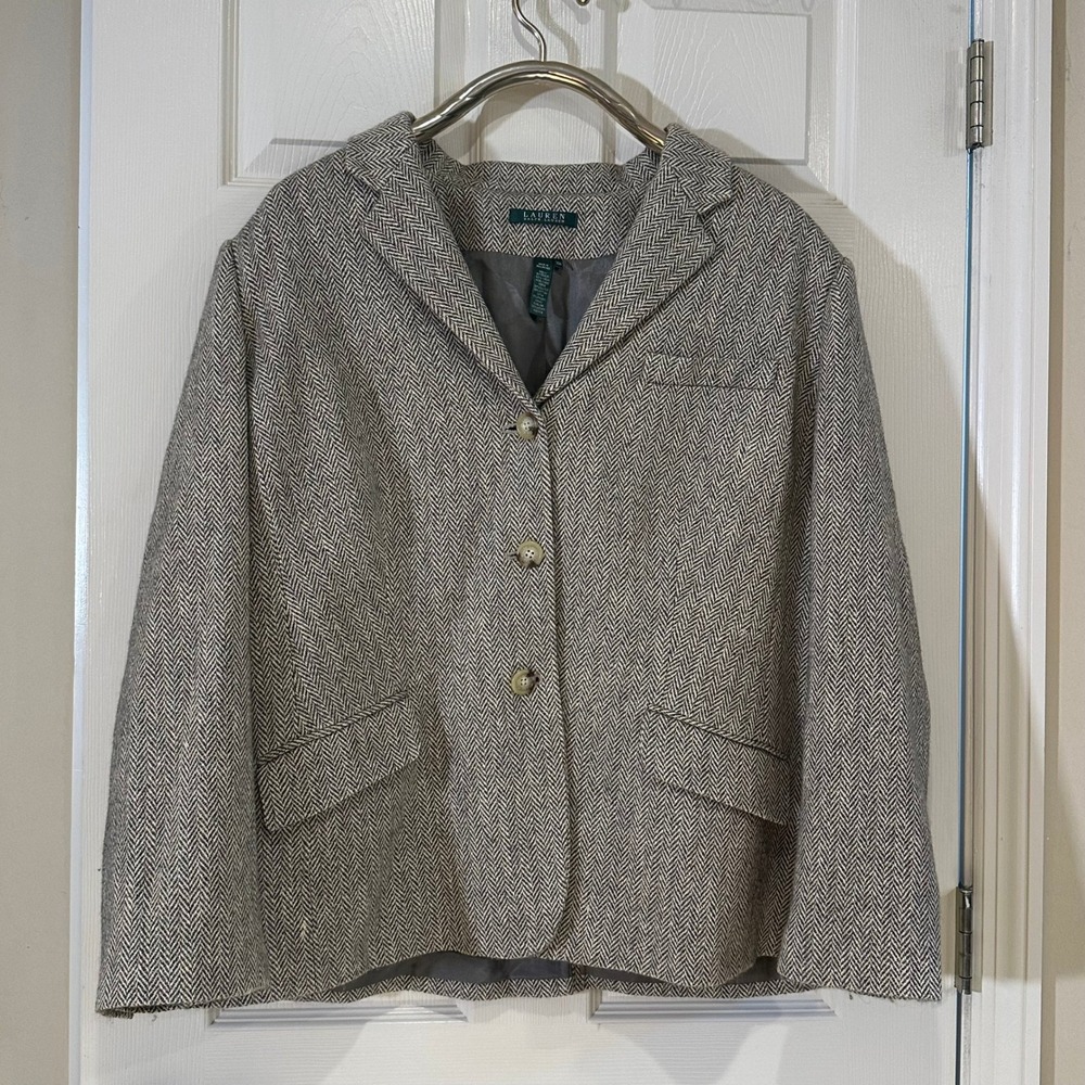 Lauren Ralph Lauren Herringbone‎ Wool Silk Blazer Brown Tan 3-Button Jacket 20W